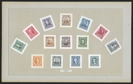 300P2-313P2, 1c-$5.00 1902-03 Regular issue, small die proofs complete, mounted on the full gray card page from the special Roosevelt album prepared in 1903, all exceptionally
clean and fresh, extremely fine and handsome only 85 sets were produ