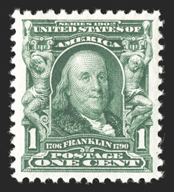300, 1c Blue green, a superb mint single that is perfectly centered within large margins, deep luxuriant color and a razor-sharp impression on bright white paper, flawless
o.g., n.h., extremely fine 2010 PSE certificate (Superb 98 SMQ $1,250.0