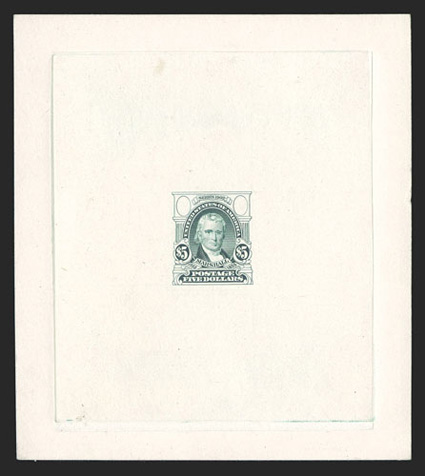 313-E1, $5.00 Dark green, incomplete die essay on India paper die sunk on 94x105mm card, showing significantly incomplete engraving, with top ovals blank, eye, cheeks, hair and
neckpiece all unfinished, horizontal background lines only and frame