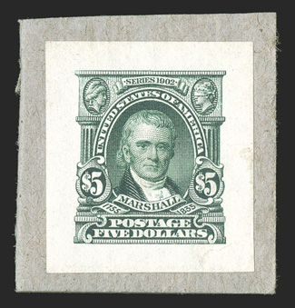 313P2, $5.00 Dark green, small die proof mounted on small piece of original gray card backing from the Roosevelt album prepared in 1903, brilliantly fresh and clean, extremely
fine only 85 were produced.