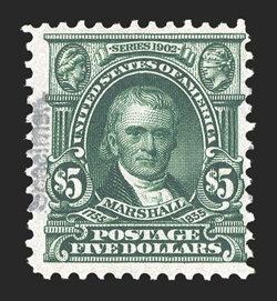 313S, $5.00 Dark green, with Specimen. type E handstamped vertically in the left margin, exceptionally fresh, intense color, o.g., l.h., fine and scarce.