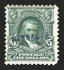 313S var., $5.00 Green, with blue Ultramar handstamp from a Portuguese colonial UPU book, remarkably fresh, rich color, o.g., small h.r., fine and rare unlisted in
Scott.