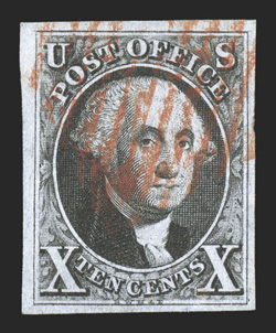 2, 10c Black, attractive used example, four large margins, crisp detailed impression, bright red grid cancel, extremely fine 1989 and 2009 PF certificates.