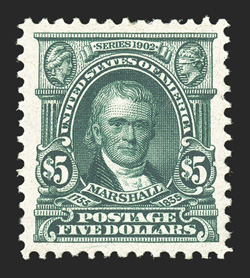 313, $5.00 Dark green, handsome and choice mint single, boasting near perfect centering amid uniformly wide margins, luxuriant deep color and detailed impression on fresh
paper, full and even perforations all around, o.g., h.r., extremely fine.