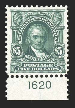 313, $5.00 Dark green, handsome bottom sheet-margin plate no. 1620 single, with luxuriant deep color and a highly detailed impression on fresh paper, nicely centered and
margined, o.g., very fine.