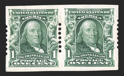 314, 1c Blue green imperforate, Schermack Ty. I perforations, seven holes, pair, large margins all around, strong color, o.g., faint thin at op, otherwise very fine and scarce
2009 PF certificate.
