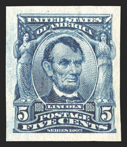 315, 5c Blue imperforate, large margins all around, bright color, o.g., n.h., extremely fine photocopy of a 1981 PF certificate for a pair, this being the right
stamp.