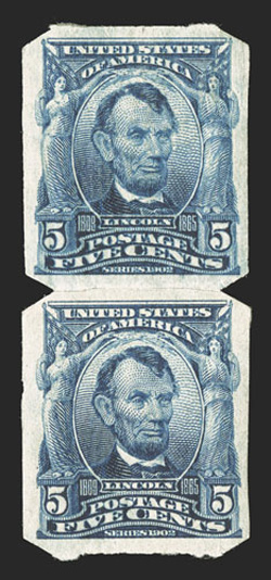 315, 5c Blue imperforate, U.S. Automatic Vending Ty. I separations, an exceedingly scarce paste-up pair, well centered, deep rich color, o.g., h.r., very fine 2010 PF
certificate.