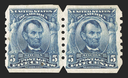 315, 5c Blue imperforate, U.S. Automatic Vending Ty. III perforations, pair, well centered and large margins, o.g., lightly hinged., left stamp with a small stained spot.
otherwise very fine clear 1961 PF certificate and a 2010 PF certificate.