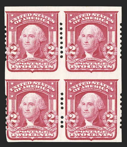 320, 2c Carmine imperforate, Schermack Ty. I perforations, eight holes, seldom seen block of four, vivid rich color, o.g., left pair h.r., very fine 2010 PF
certificate.
