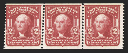320b, 2c Scarlet imperforate, Ty. I, International Vending Machine perforations 12½, rare and attractive strip of three, post office fresh, with strong and intact perforations,
vivid rich color, immaculate o.g., n.h., fine-very fine a desirable