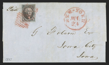 2, 10c Black, left sheet-margin single, other margins full to extra-large, strong impression, tied by red square grid with matching New YorkJul. 24 c.d.s. on 1847 folded letter
to Iowa City, faint horizontal file fold just barely affects the