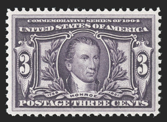 325, 3c Louisiana Purchase, attractive mint single, exceptionally well centered, brilliantly rich color on fresh paper, o.g., n.h., extremely fine 2007 PF certificate for a
block of four, this being the top right stamp, and a 2008 PF certificat