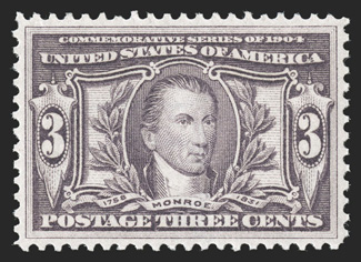 325, 3c Louisiana Purchase, unusually well centered, warm color, o.g., n.h., extremely fine 2008 PSE certificate (XF 90 SMQ $400.00).