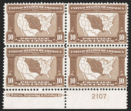 327, 10c Louisiana Purchase, bottom margin imprint and plate no. 2107 block of four, strong rich color, pristine o.g., never hinged, fine-very fine 2008 PF
certificate.