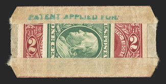 343, 371, 1c Green imperforate and 2c Alaska-Yukon imperforate, single of the former and two of the latter, enclosed within  U.S. Automatic Vending pocket Ty. 2-1, with no
printing on the pocket except for a green patent applied for handst