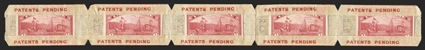 343, 373, 1c Green imperforate and 2c Hudson-Fulton imperforate, former stamp missing and latter folded horizontal pairs with U.S.A.V. Ty. II perforations, enclosed within an
unsevered  strip of five U.S. Automatic Vending Co. pocket Ty. 3-2,<