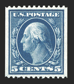 351, 5c Blue coil, perf. 12 horiz., a highly select mint single, beautifully centered, wide margins, deep luxuriant color and an intense impression on fresh white paper,
flawless o.g., n.h., extremely fine a truly rare stamp in this impressive