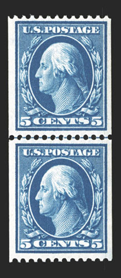 351, 5c Blue coil, perf. 12 horiz., guide line pair, uncommonly well centered and margined, rich color and a deep impression, o.g., top stamp lightly hinged, bottom stamp never
hinged, extremely fine 2004 PSE certificate (XF 90 SMQ $1,300.00).