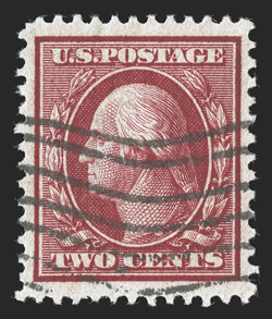 358, 2c Carmine on bluish paper, an especially choice used example, incredibly well centered within lavishly large margins, intense color on fresh paper that shows its bluing
well, neat wavy line machine cancel, extremely fine 2006 PF certifica