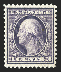 359, 3c Deep violet on bluish paper, marvelously well centered and margined, especially fresh overall, with rich bright color and a sharp impression, o.g., lightly hinged,
extremely fine a particularly choice Three Cent Bluish Paper 1974 PF ce