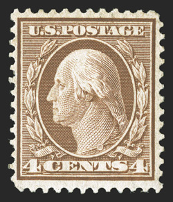 360, 4c Orange brown on bluish paper, a fresh and desirable example of this 20th century rarity, wonderfully bright color with a well incised impression impression, fresh clean
o.g, that has been lightly hinged, fine a rare opportunity to acqui