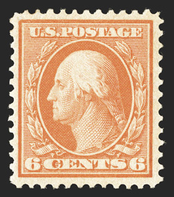 362, 6c Red orange on bluish paper, well centered amid uncommonly large margins, vivid color, o.g., lightly hinged, a very fine example of this scarce bluish paper 1988 PF
certificate.