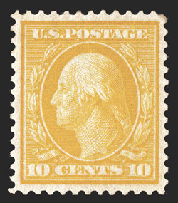 364, 10c Yellow on bluish paper, a select mint example, possessing extraordinary centering within large margins, remarkably bright and fresh, o.g., lightly hinged, extremely
fine an especially choice and impressive Ten Cent Bluish Paper 1976 P