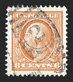 379, 6c Red orange, striking used single that possesses enormous margins all around and is exceedingly well centered within them, bright color, extremely fine jumbo 2010 PSE
certificate (XF-Superb 95 Jumbo SMQ $95.00 for 95 and $310.00 for 98)