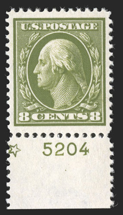 380, 8c Olive green, a fabulous quality bottom margin plate no. 5204 single, outstanding centering within particularly large margins, beautiful rich color and a well incised
impression on brilliantly fresh paper, pristine o.g., n.h., an extremel