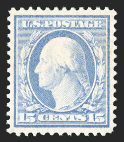 382, 15c Pale ultramarine, premium mint single, excellent centering amid large margins, bright fresh color, pristine o.g., n.h., extremely fine actually a very scarce stamp in
this select quality 2009 PF certificate and a 2009 PSE certificate