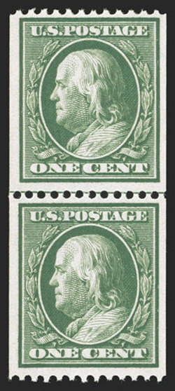 385, 1c Green coil, perf. 12 horiz., guide line pair, well centered and margined, fresh color, o.g., certificate states never hinged, though the bottom stamp as a faint spot of
gum disturbance so we are offering it as hinged, very fine 1997 P