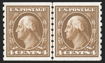 395, 4c Brown coil, perf. 8½ vert., an outstanding mint guide line pair, precisely centered within large margins, sumptuously rich color and a well incised impression, pristine
o.g., n.h., an extremely fine gem 2009 PSE certificate (Superb 98