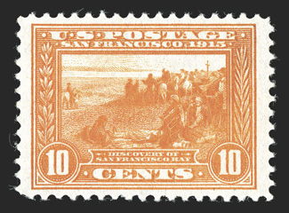 400A, 10c Panama-Pacific, orange, well centered within wide margins, bright color, o.g., n.h., extremely fine 2007 PSE certificate (VF-XF 85 SMQ $525.00).