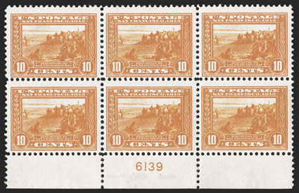 400A, 10c Panama-Pacific, orange, bottom margin plate no. 6139 block of six, brilliantly fresh, o.g., lightly hinged, some rejoined perfs. in the selvage, fine the Ten Cent
Orange Panama-Pacific is one of the rarest plate blocks of all the 20th