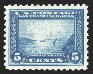 403, 5c Panama-Pacific, perf. 10, precisely centered within large balance margins, bright fresh color, o.g., lightly hinged, extremely fine 2007 PSE certificate (Superb 98 OGph
SMQ $660.00) only one hinged stamp grades higher.