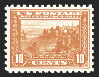 404, 10c Panama-Pacific, perf. 10, a gorgeous mint single, with eye-catching intense color contrasted by bright white paper, near perfect centering within uniformly large
margins, full and equal perforations all around, immaculate o.g., n.h., an