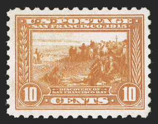 404, 10c Panama-Pacific, perf. 10, well centered within uncommonly large margins, bright and fresh, o.g., lightly hinged, choice very fine.