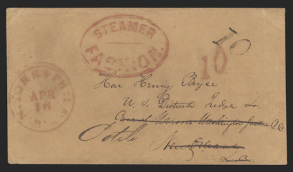 N. York & Phila. R.R. Apr 16 datestamp on buff cover to New Orleans with matching 10 rate handstamp, forwarded to Cotile, La. with large red oval  SteamerFashion inland waterway
name of boat handstamp and 10 due, very fine a most unus