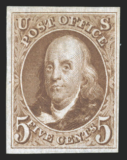 3, 5c Red brown reproduction, without gum as issued, full to mostly large margins around, bright color and a strong impression, shallow thin, very fine appearance clear 1981 PF
certificate.