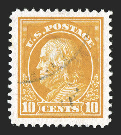 416, 10c Orange yellow, eye-catching used example, with huge margins all around and marvelously well centered within them, fresh color, unusually light cancel, extremely fine
an especially large-margined gem 2010 PSE certificate (XF-Superb 95