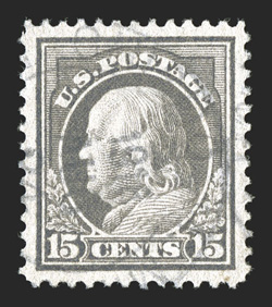 418, 15c Gray, perfectly centered within large balanced margins, strong color, lightly cancelled, an extremely fine used gem 2010 PSE certificate (Superb 98 SMQ
$500.00).