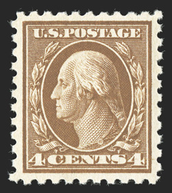 427, 4c Brown, particularly well centered and margined, , brilliantly rich color, flawless o.g., n.h., extremely fine and choice 2010 PF certificate (XF-Superb
95).