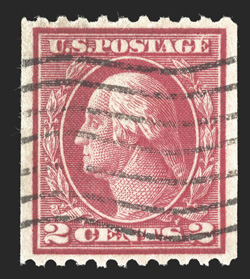 449, 2c Red rotary coil, Ty. I, perf. 10 horiz., an exceptional used single of this elusive coil, beautifully centered within wide margins, deep color in the characteristic
shade, light wavy cancel, extremely fine gem an extraordinarily rare st