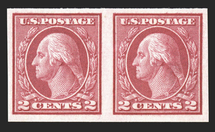 459, 2c Carmine imperforate coil, pair, large margins all around, brilliantly fresh, o.g., n.h., extremely fine 1998 PF certificate.