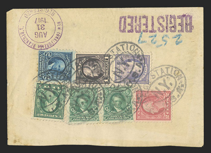 477, 50c Light violet, a wonderfully well centered single in not so light of a shade, tied together in a high value franking to large piece with $1.00 Violet black, $2.00 Dark
blue and horizontal pair of $5.00 Light green (478-80), plus 1c and