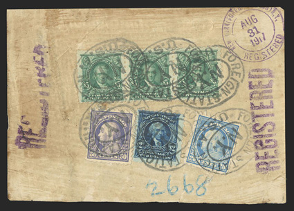 479, 480, $2.00 Dark blue and $5.00 Light green, a single of the former (centered to top) and a horizontal strip of three of the latter (well centered), tied to a large piece
of a registered wrapper along with single examples of 20c Light ultram