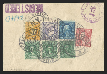 480, $5.00 Light green, horizontal strip of three, used along with 2c Carmine, 5c Blue, 10c Orange yellow and 50c Light violet (499, 504, 510, 477) all tied by Foreign Station,
U.S.A.N.Y. double oval postmarks to portion of parcel wrapper, v