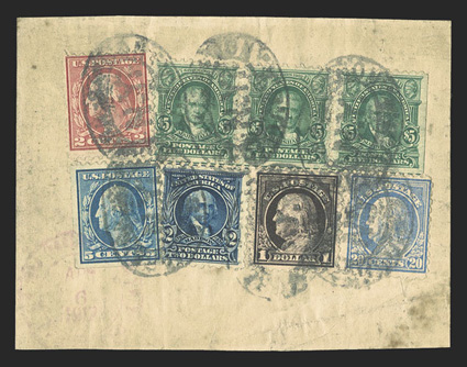 479, 480, $2.00 Dark blue and $5.00 Light green, a single of the former and a horizontal strip of three of the latter (natural s.e. at right), tied to a large piece of a
registered wrapper along with single examples of 2c Carmine (463), 5c Blue