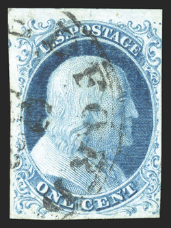 5A, 1c Blue, Ty. Ib, position 5R1E, handsome used example of this very rare stamp, featuring large to huge margins on three sides, fourth margin at right close but the full
design shows, distinctive powder blue color typical of the plate one e